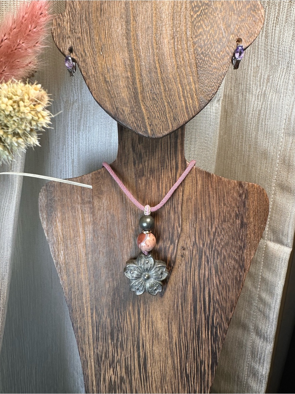 Pyrite Daisy Flower Pendant Necklace on Pink Adjustable Rope - Picture 12 of 15